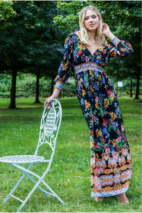 Chiffon Wrap Border Floral Print Maxi Dress - Black by Goddiva