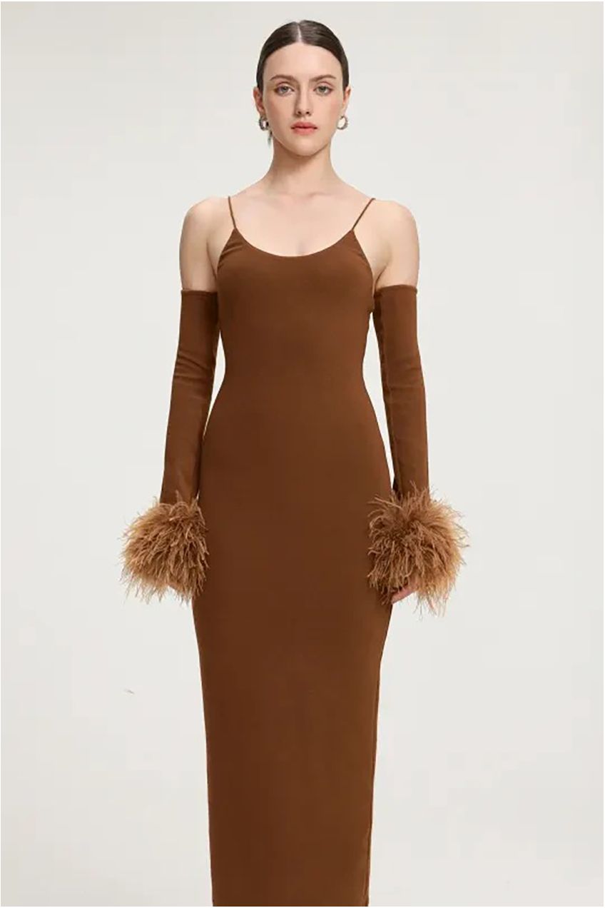 Feather-Cuffed Knit Midi Dress R2509DT054