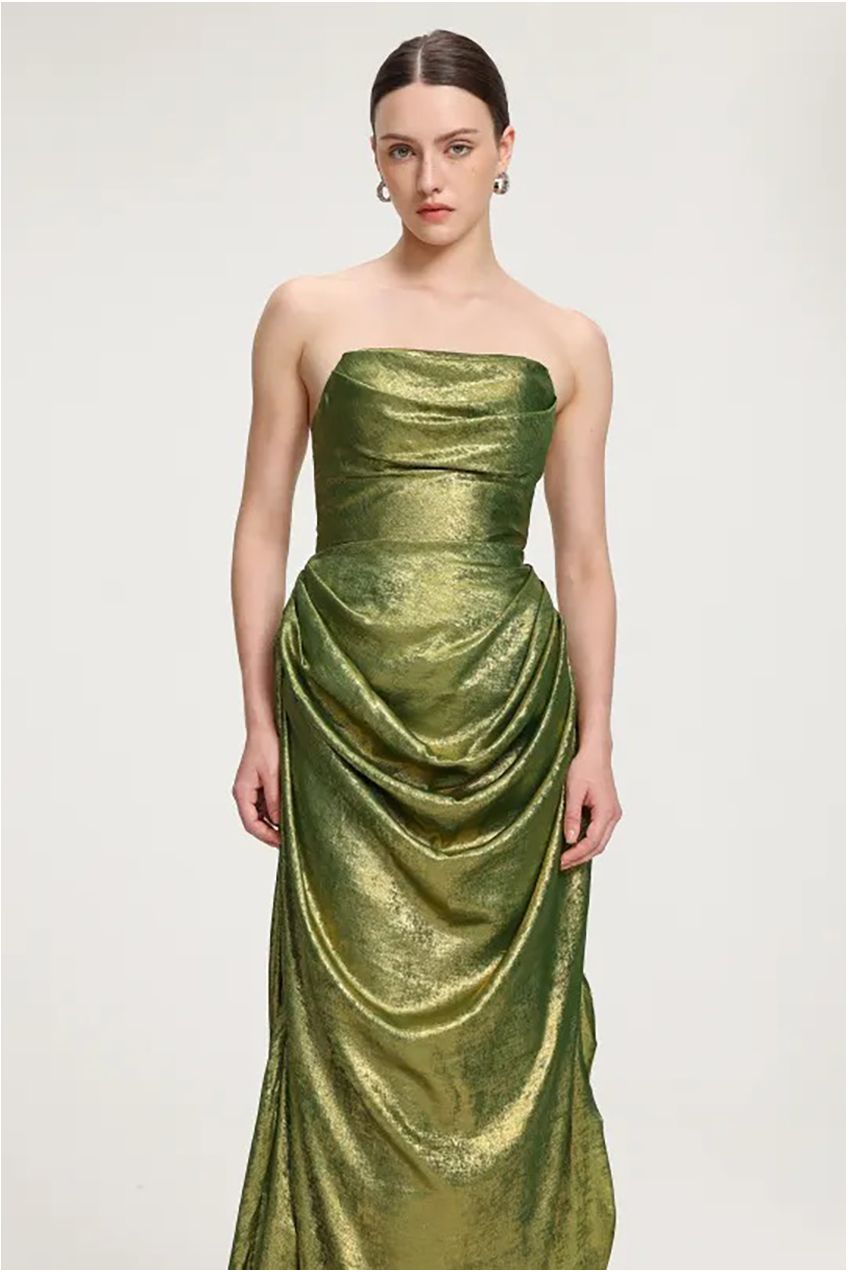 Draped Metallic Strapless Maxi Dress D241201628