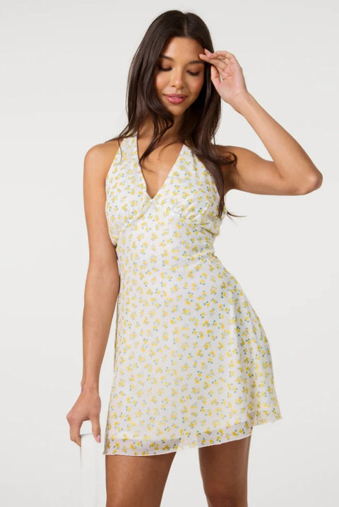 Lemon Printed Mesh Halter Neck Dress by Pink Vanilla