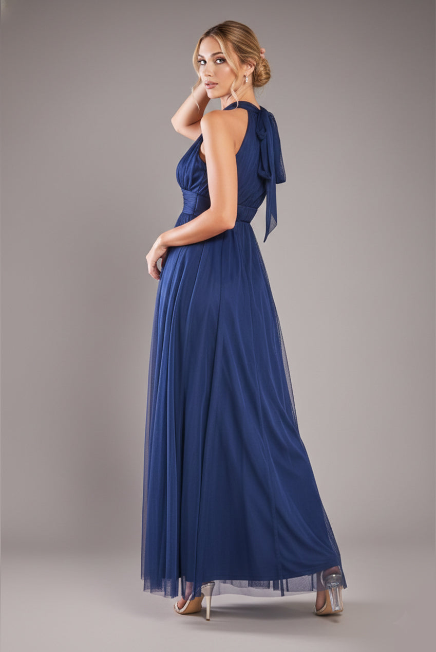 Halter Neck Mesh Tie Maxi Dress - Navy Blue DR3904