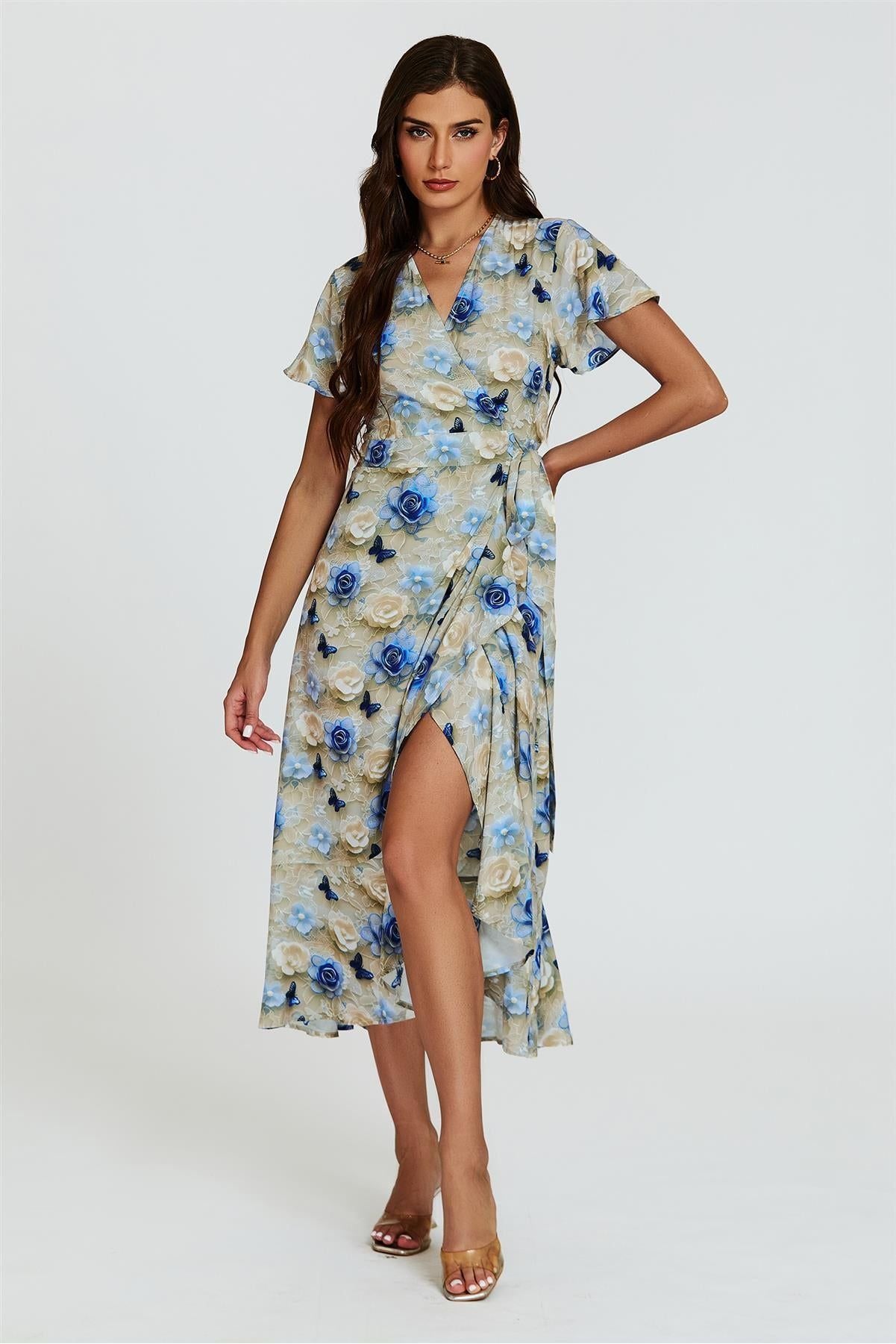 Floral Print Wrap Hem Midi Dress In Beige FS21164-TDB