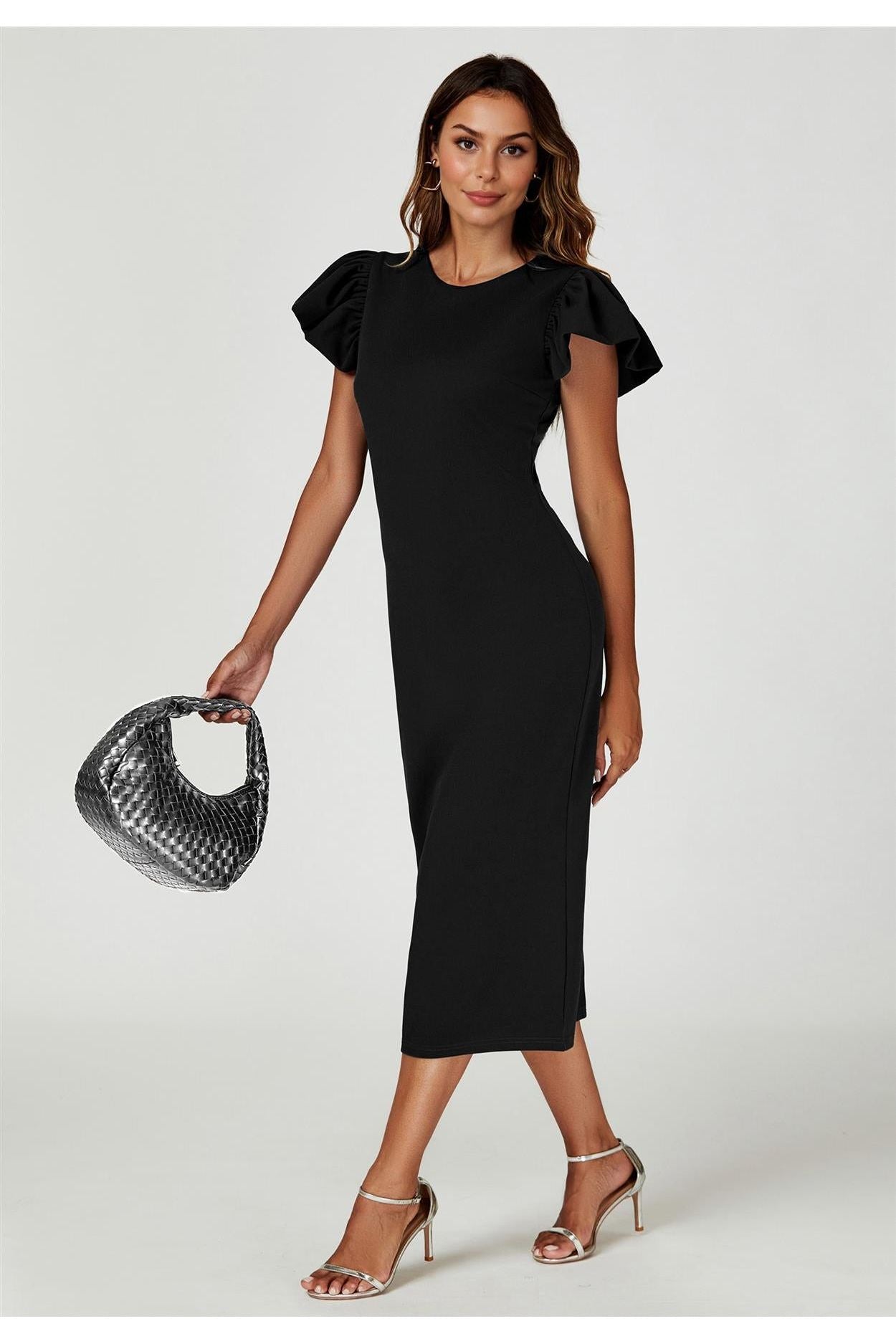 Volume Sleeve Bodycon Midi Dress In Black FS770-Black