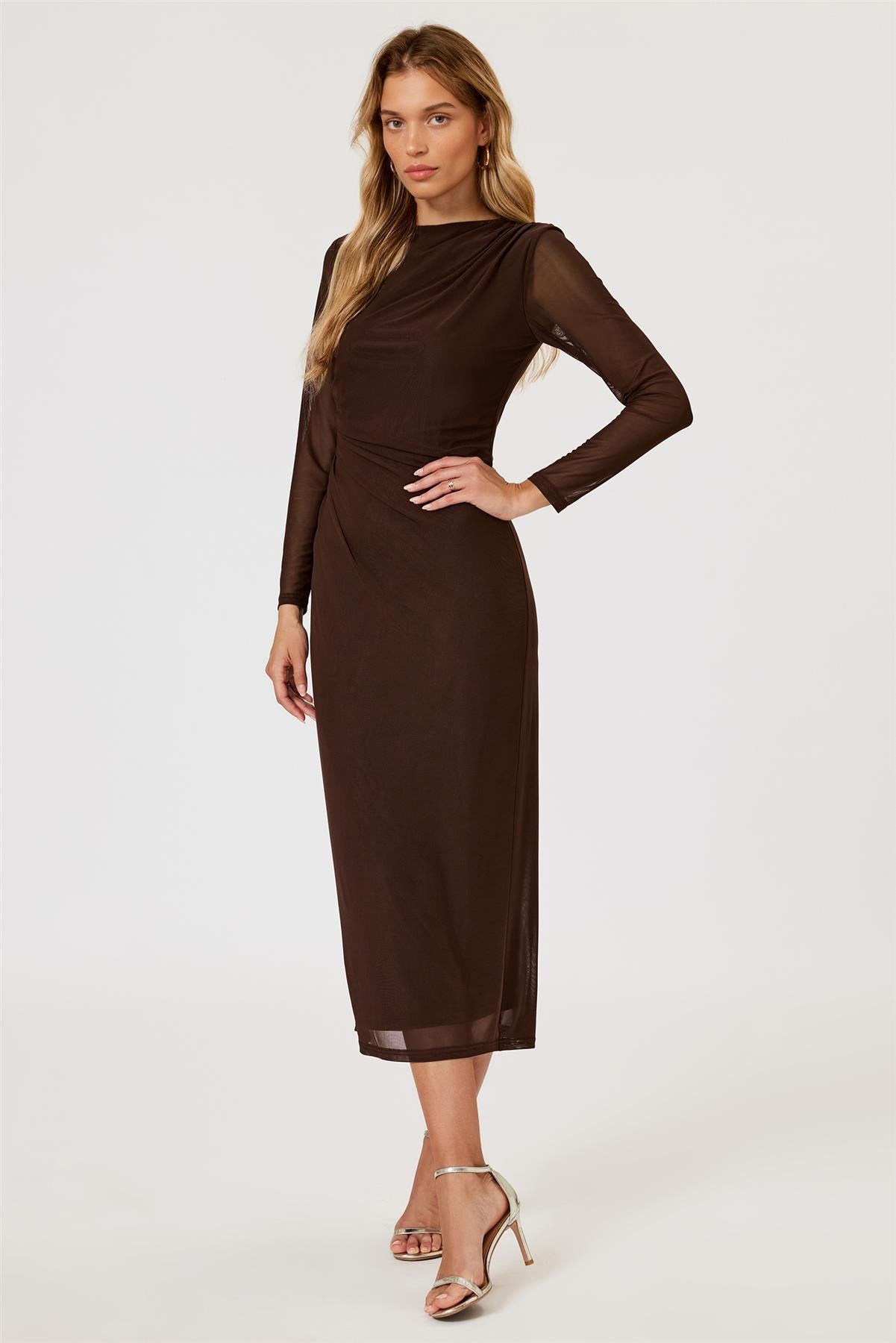 Long Sleeves Mesh Midi Dress In Brown FS776