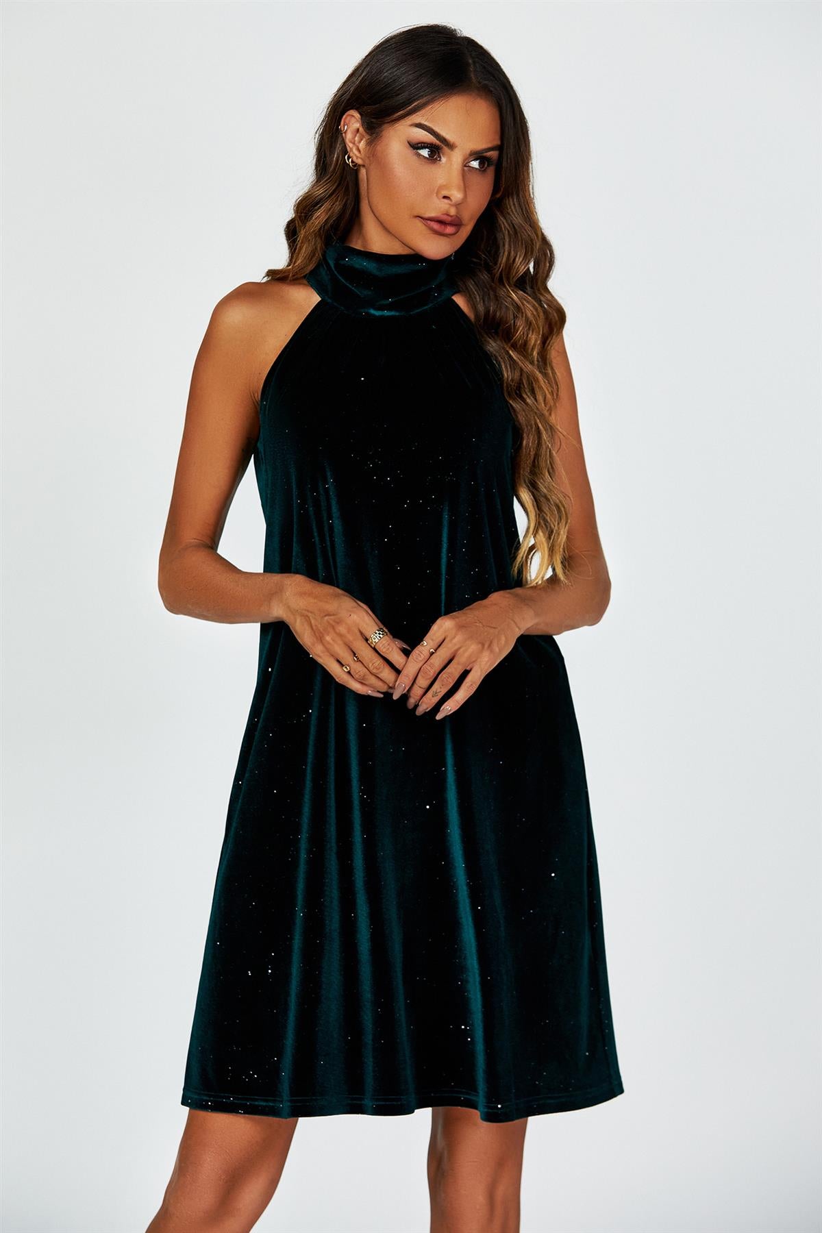 Silver Foil Velvet Halter Neck Tie Back Mini Dress In Green FS455-VGS