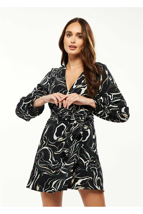 Scribble Print Mini Wrap Dress Long Sleeves Black by Liquorish