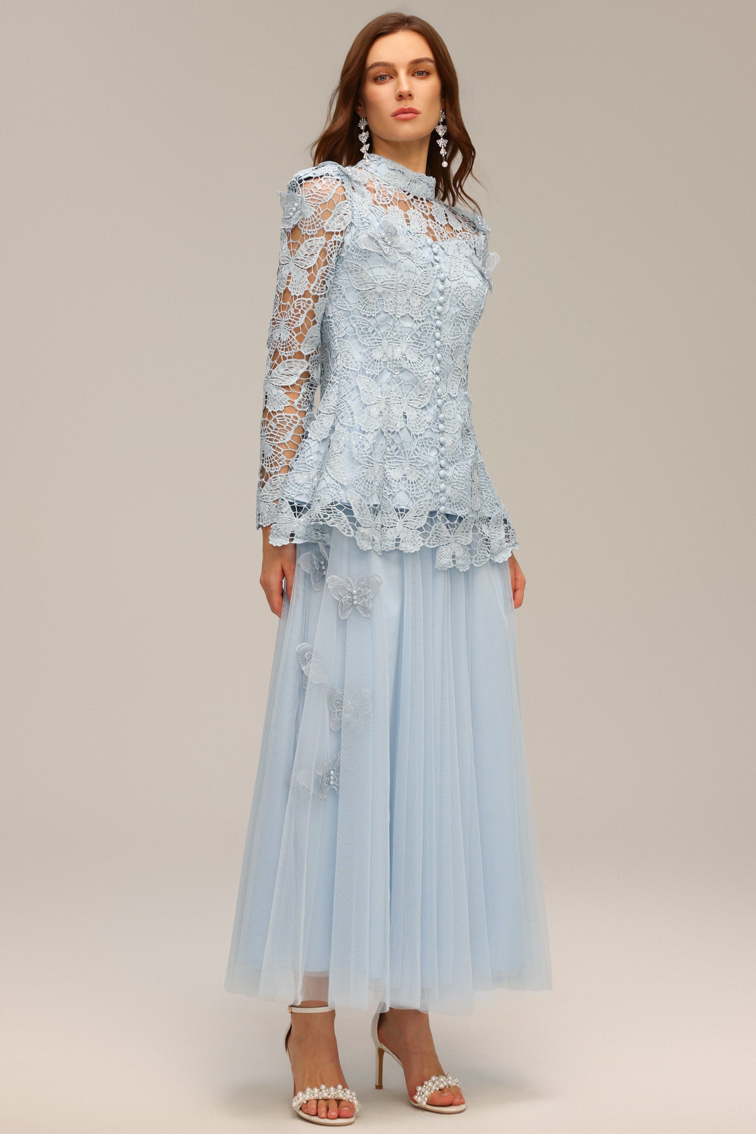 Sabina Long Sleeve Folds Lace Butterfly Top And Skirt Two-Piece Set C250300235