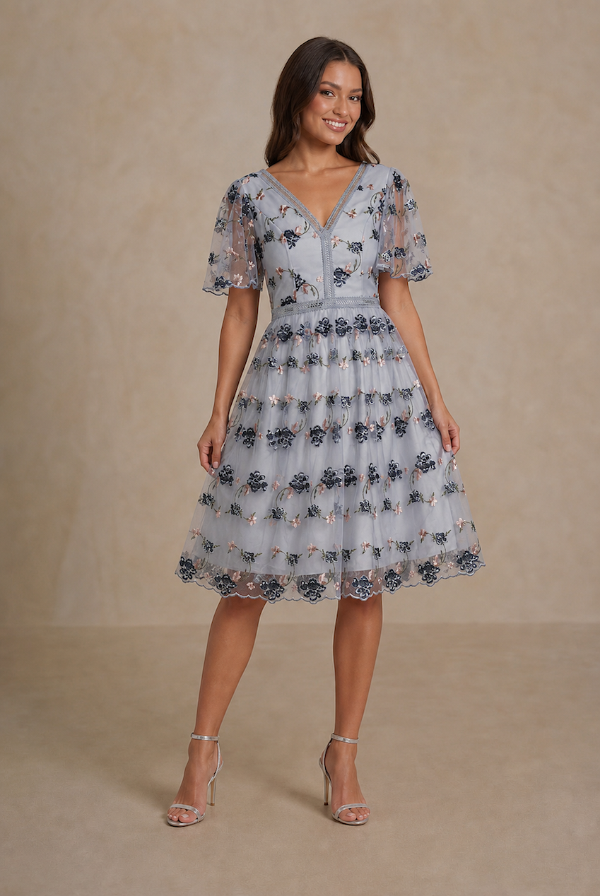 V Neck Floral Embroidered Lace Midi Dress In Blue 30026BL