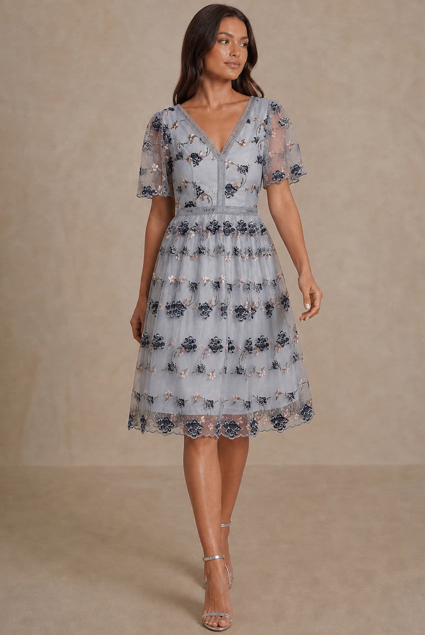 V Neck Floral Embroidered Lace Midi Dress In Blue 30026BL