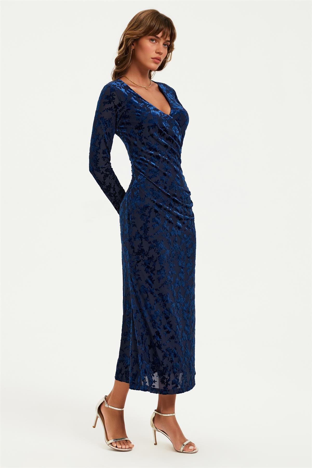 Floral Velvet Devore Long Sleeve Wrap Midi Dress In Navy FS902-NVF