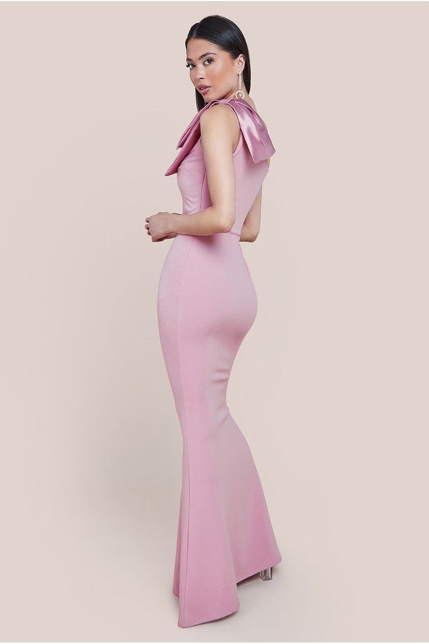 One Shoulder Satin Bow Scuba Crepe Maxi Dress - Blush DR4183