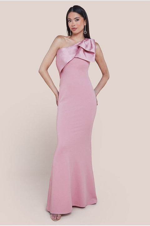 One Shoulder Satin Bow Scuba Crepe Maxi Dress - Blush by Goddiva