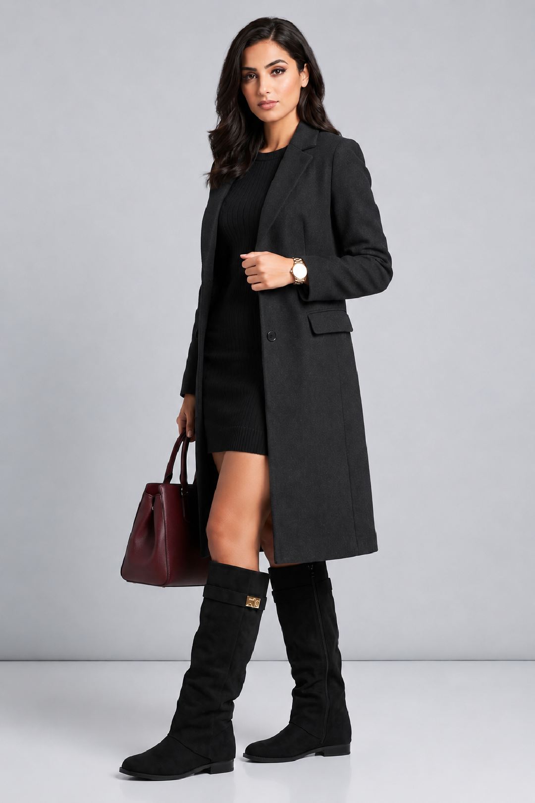 Isley Round Toe Gold Trim Buckle Fold Over Knee High Boots In Black Suede WISPA15-BLKSU