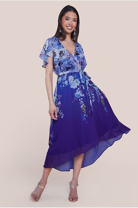 Flutter Sleeve A-Line Chiffon Floral Printed Midi Dress - Royal Blue by Goddiva