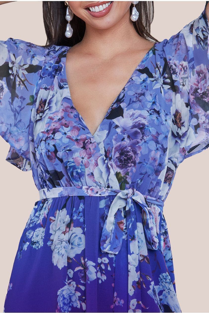 Flutter Sleeve A-Line Chiffon Floral Printed Midi Dress - Royal Blue DR4481