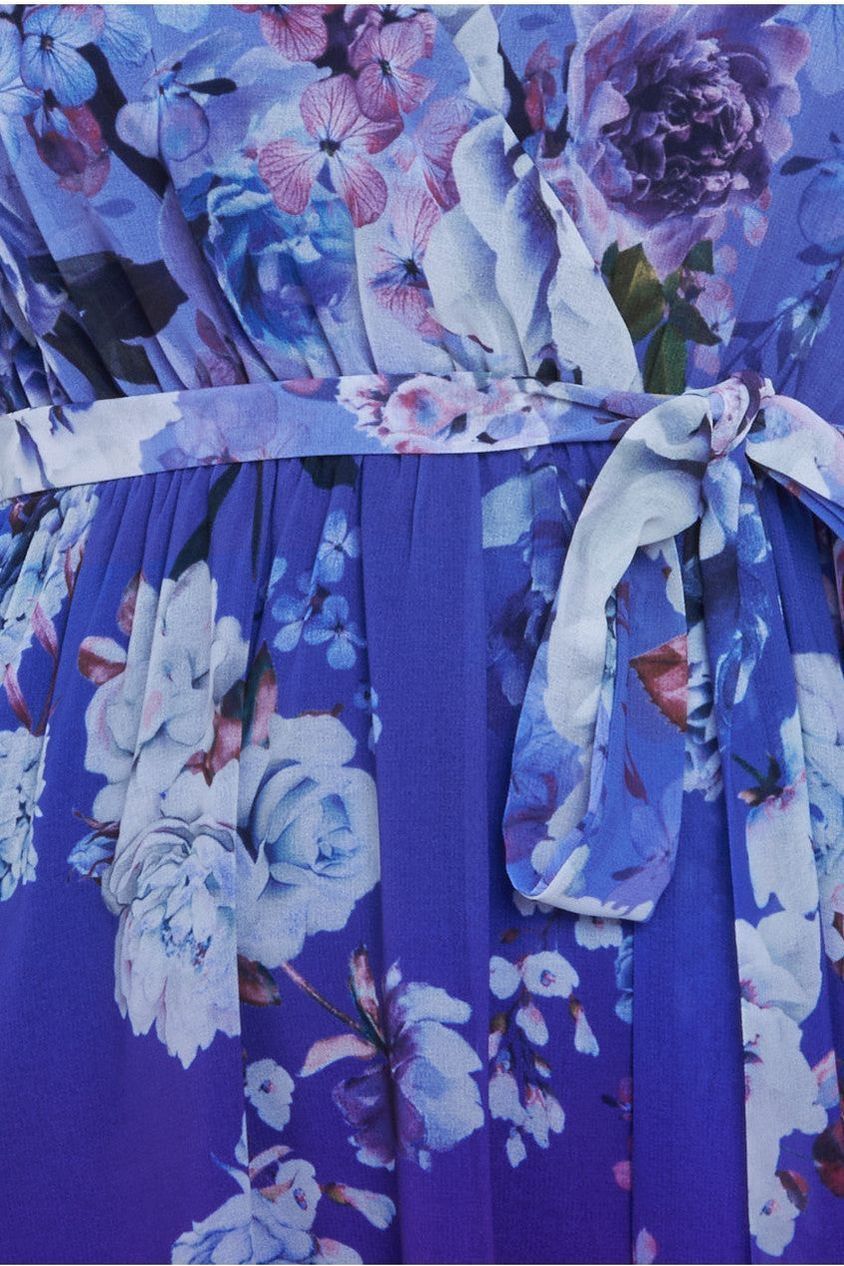 Flutter Sleeve A-Line Chiffon Floral Printed Midi Dress - Royal Blue DR4481