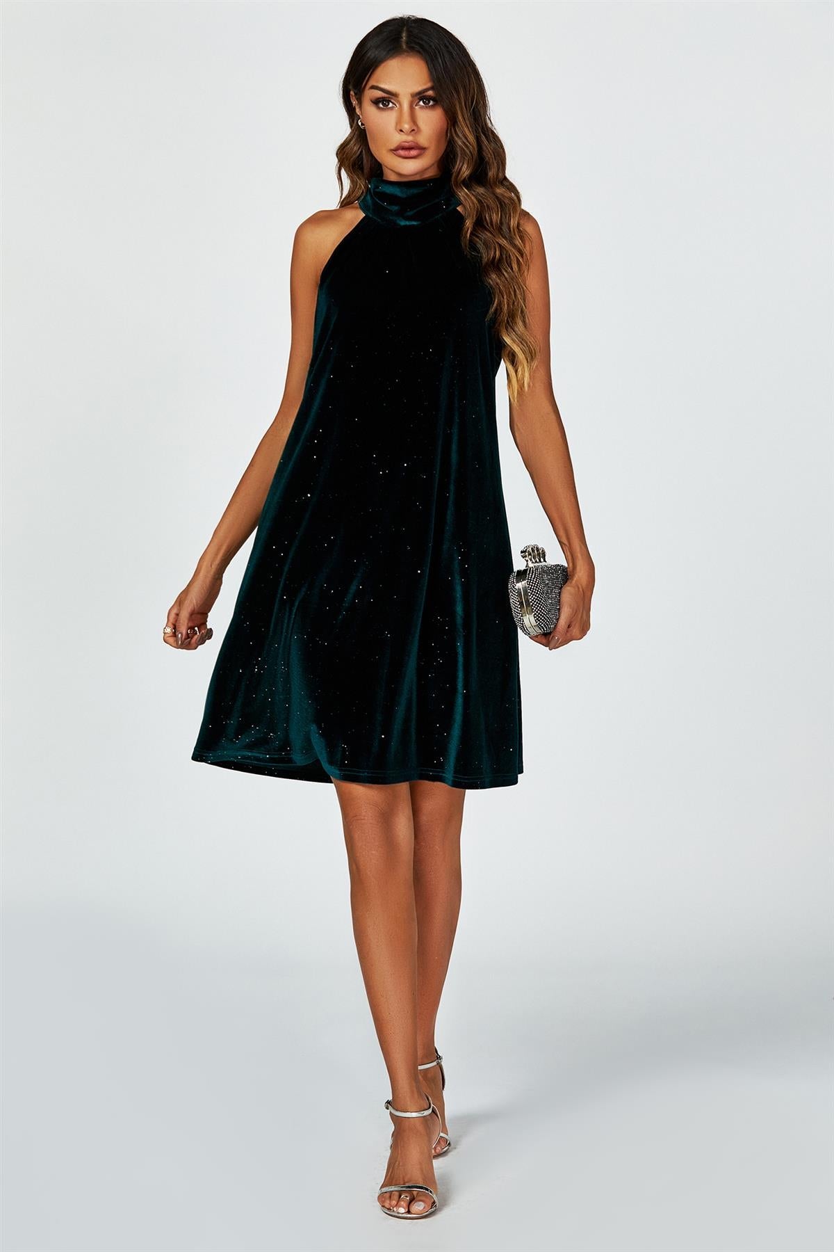 Silver Foil Velvet Halter Neck Tie Back Mini Dress In Green FS455-VGS