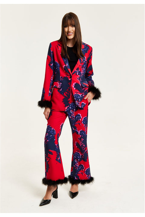 Floral Print Red Blazer With Fluffy Trim In Black by Liquorish