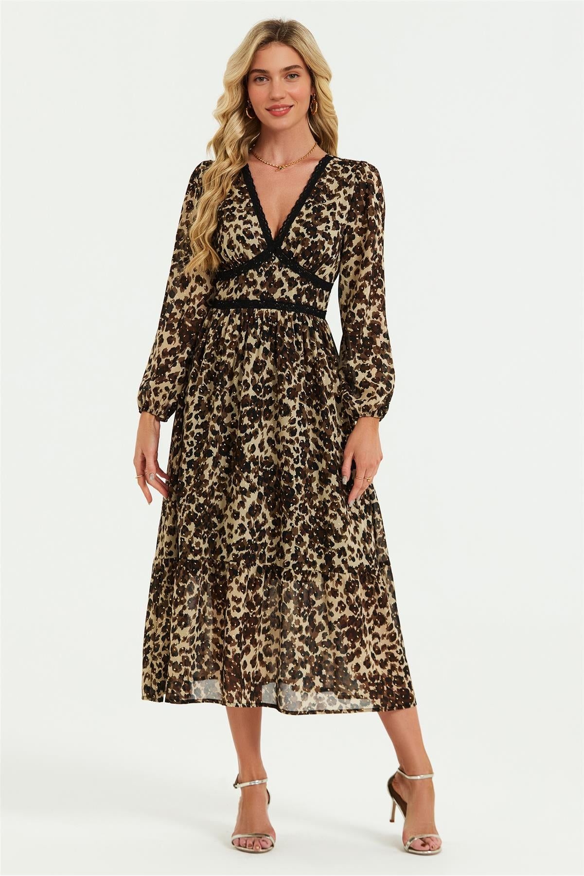 Leopard Print Foil Lace Trim Long Sleeve Maxi Dress In Brown FS565-LLFB