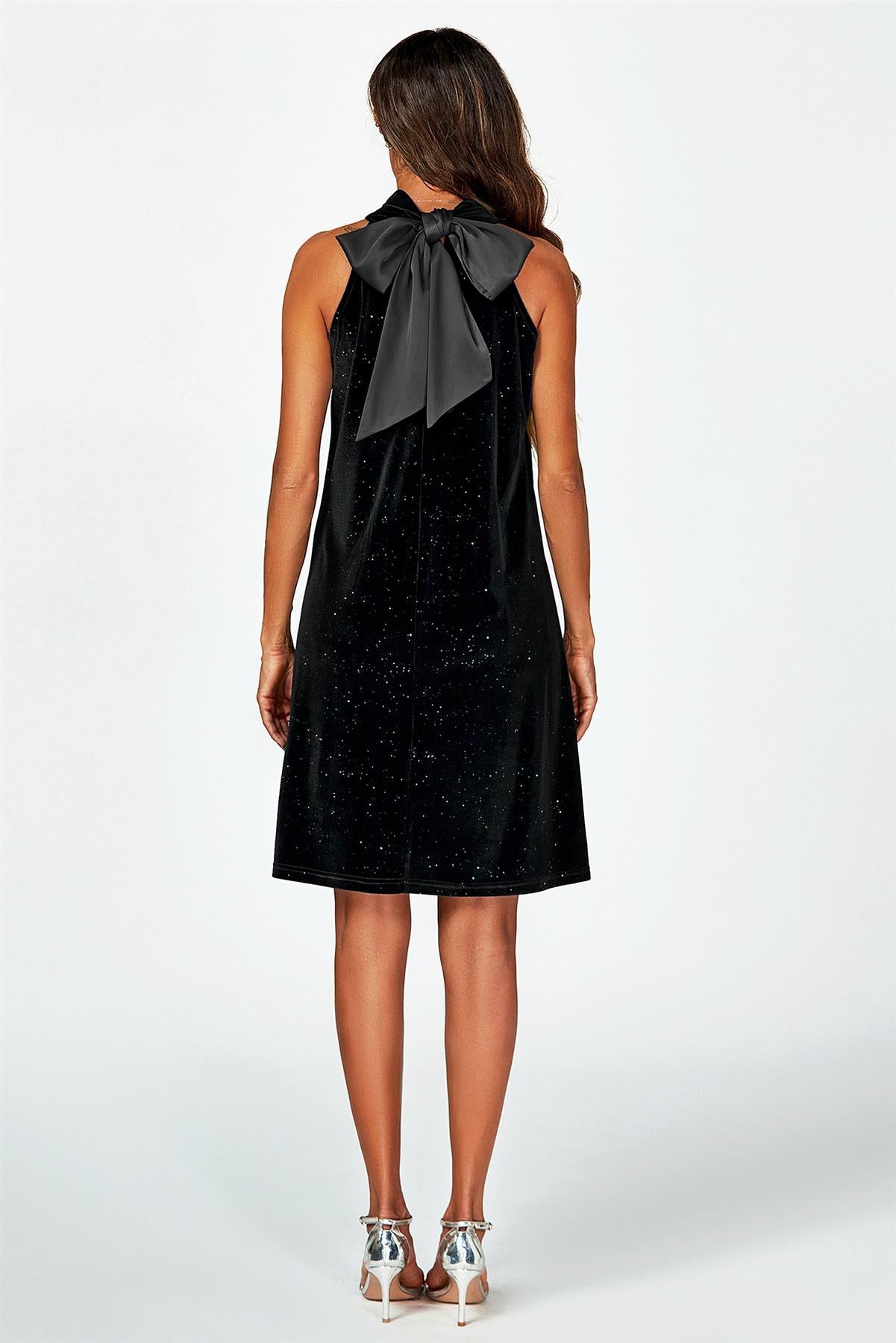 Silver Foil Velvet Halter Neck Tie Back Mini Dress In Black FS455-VBS