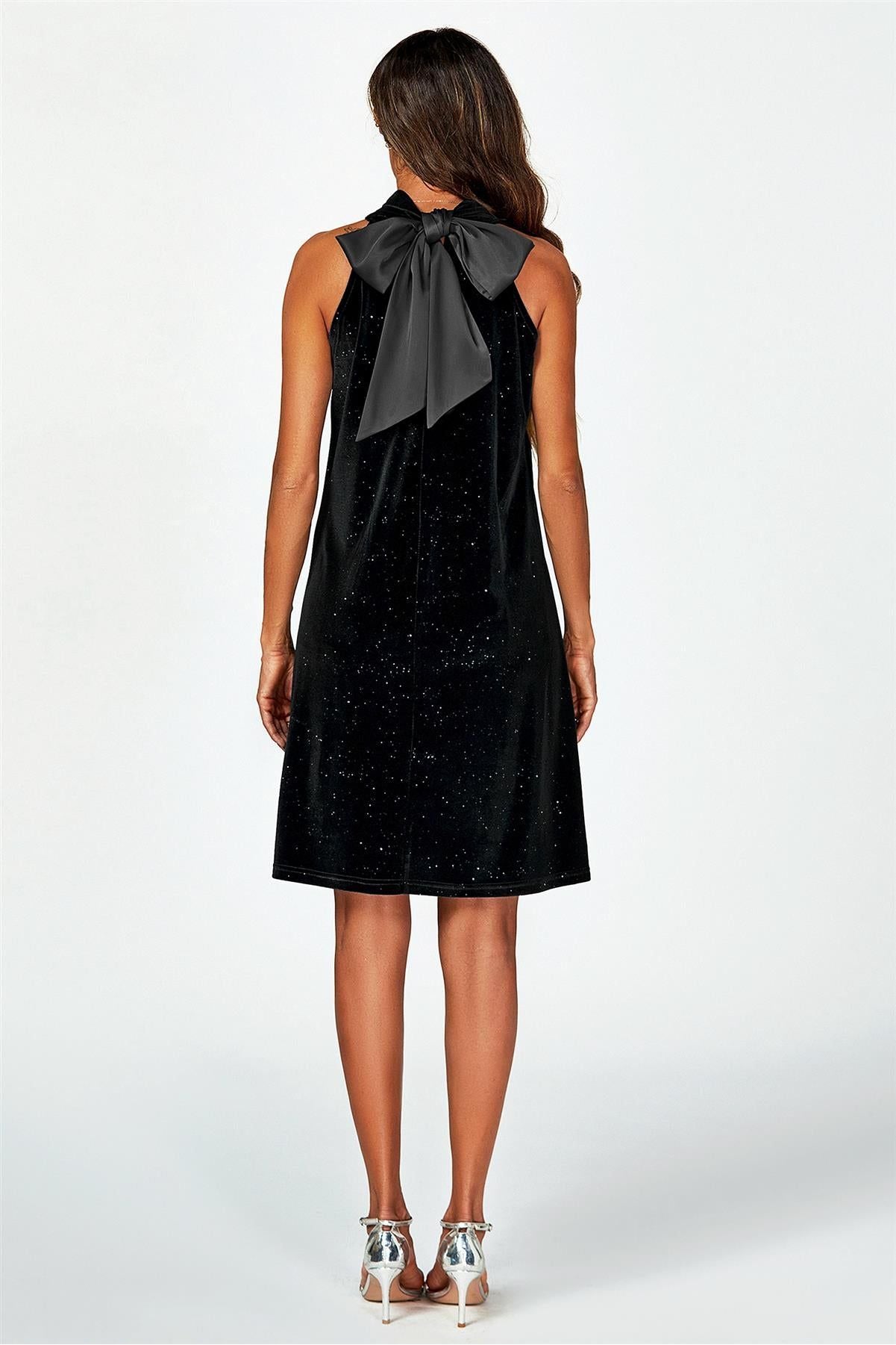 Silver Foil Velvet Halter Neck Tie Back Mini Dress In Black FS455-VBS