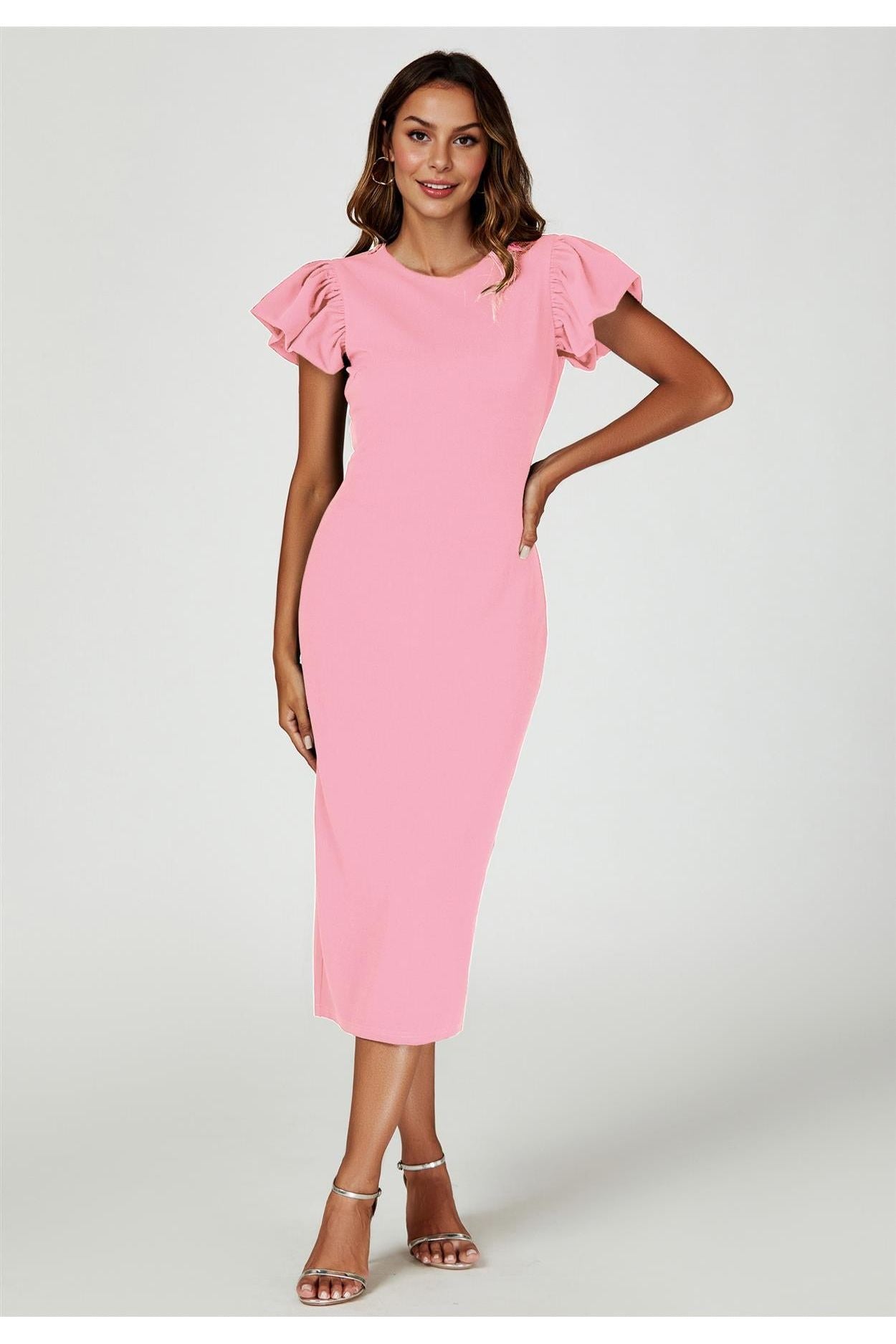 Volume Sleeve Bodycon Midi Dress In Pink FS770
