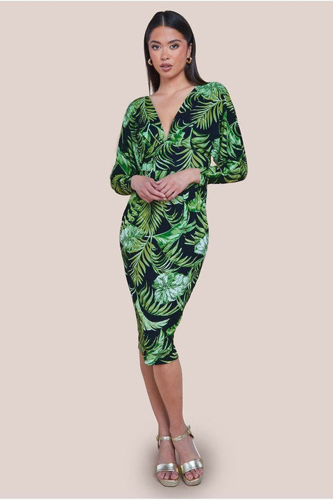 Tropical Print Midi With Batwing Sleeves - Green by Goddiva