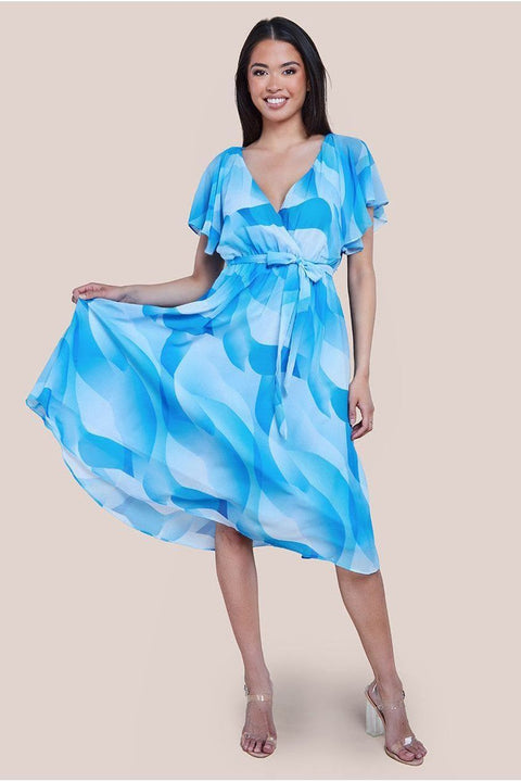 Printed Flutter Sleeve Chiffon Midi Dress - Light Blue by Goddiva
