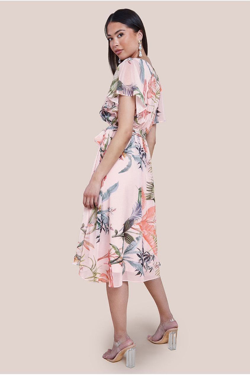 Floral Printed Flutter Sleeve Chiffon Midi Dress - Off White DR4515