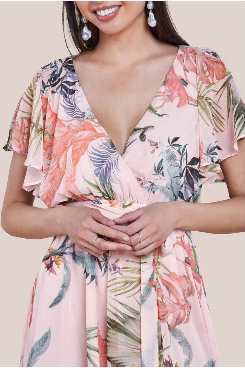 Floral Printed Flutter Sleeve Chiffon Midi Dress - Off White DR4515