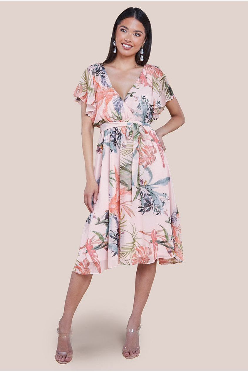 Floral Printed Flutter Sleeve Chiffon Midi Dress - Off White DR4515