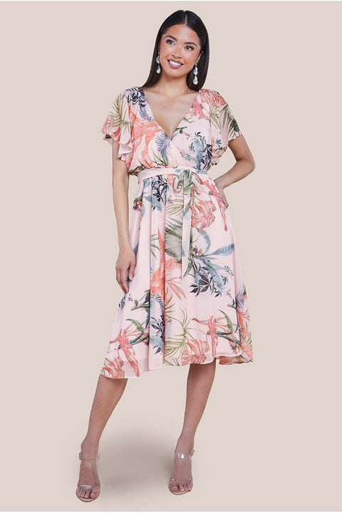 Floral Printed Flutter Sleeve Chiffon Midi Dress - Off White by Goddiva
