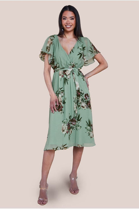 Floral Printed Flutter Sleeve Chiffon Midi Dress - Sage Green by Goddiva