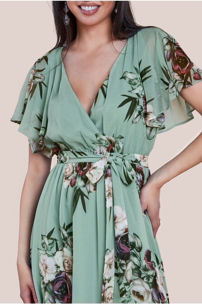 Floral Printed Flutter Sleeve Chiffon Midi Dress - Sage Green DR4515
