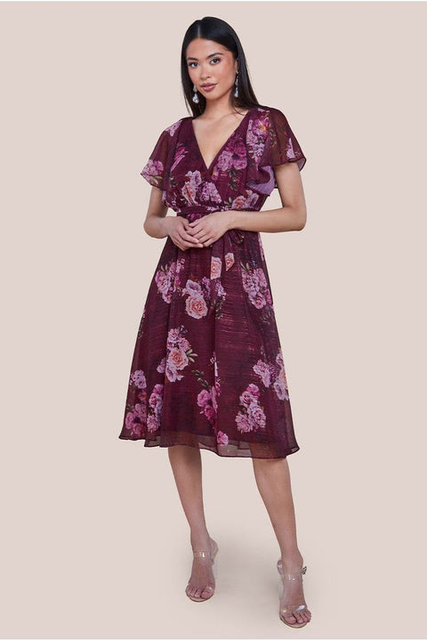Printed Lurex A-Line Flutter Sleeve Midi Dress - Berry by Goddiva