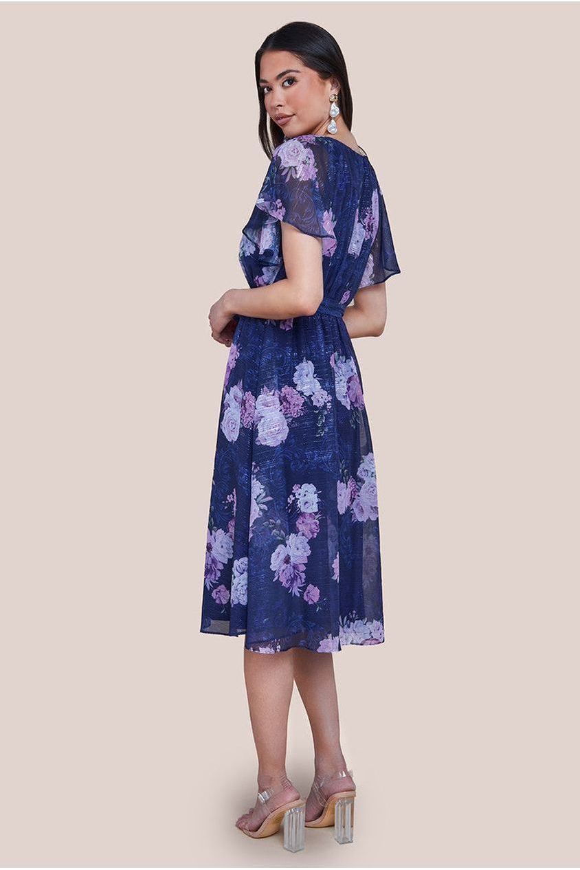 Printed Lurex A-Line Flutter Sleeve Midi Dress - Navy DR4516