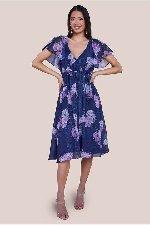 Printed Lurex A-Line Flutter Sleeve Midi Dress - Navy by Goddiva