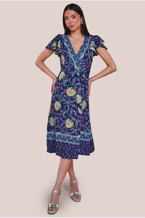Floral Print Wrap Midi With Flutter Sleeves - Navy Print by Goddiva