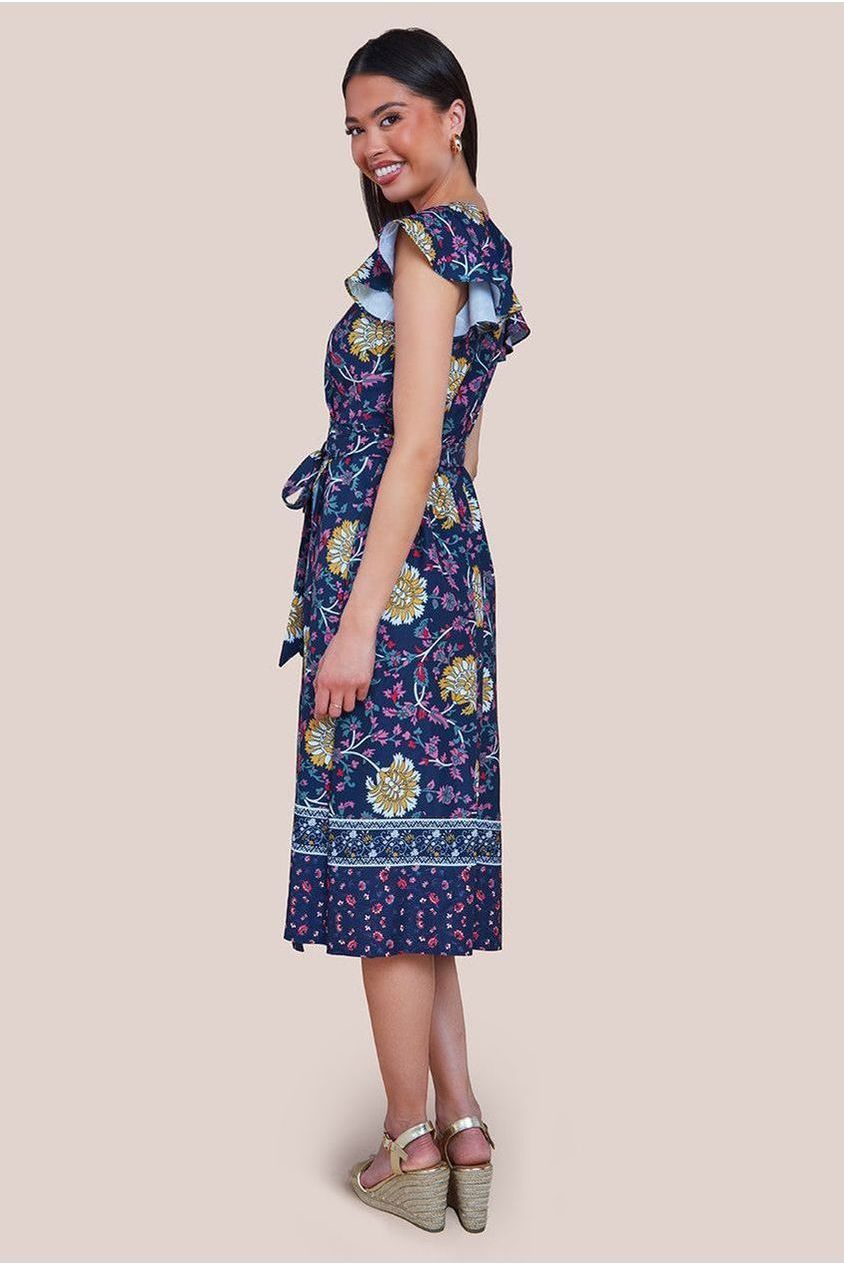 Floral Print Wrap Midi With Flutter Sleeves - Navy Print DR3440