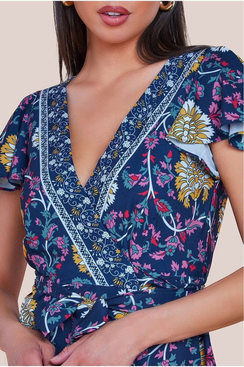 Floral Print Wrap Midi With Flutter Sleeves - Navy Print DR3440