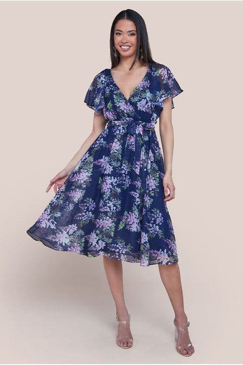 Printed Lurex A-Line Flutter Sleeve Midi Dress - Navy Blue by Goddiva