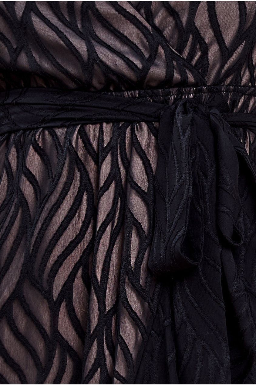 Chiffon Geo-Wave Front Frill Wrap Midi Dress - Black DR4411