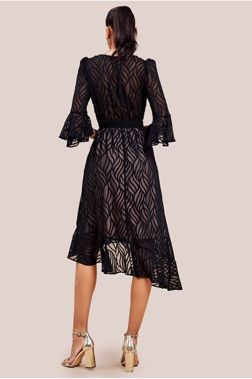 Chiffon Geo-Wave Front Frill Wrap Midi Dress - Black DR4411