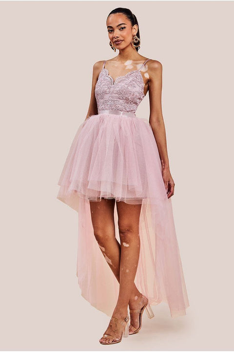 High Low Tulle Mini With Lace Bodice - Blush by Goddiva