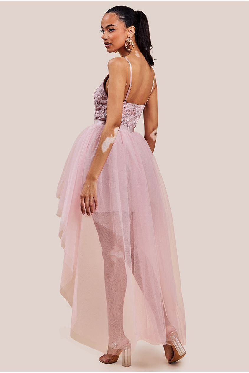High Low Tulle Mini With Lace Bodice - Blush DR3061