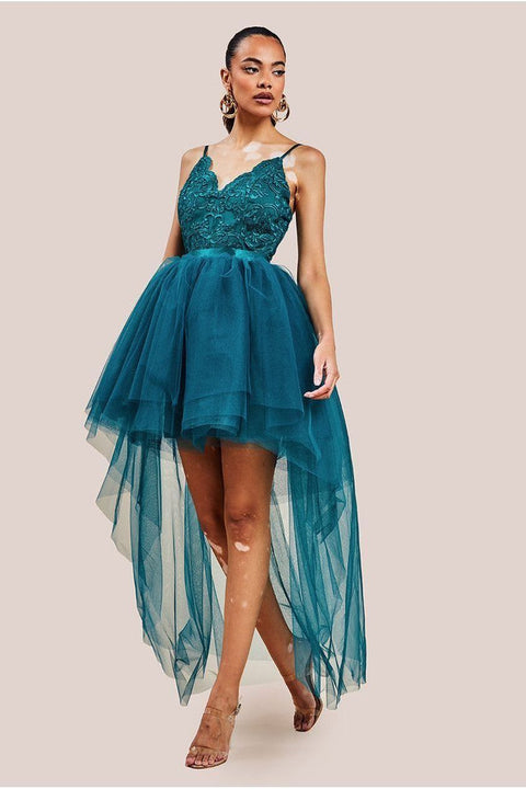 High Low Tulle Mini With Lace Bodice - Emerald by Goddiva