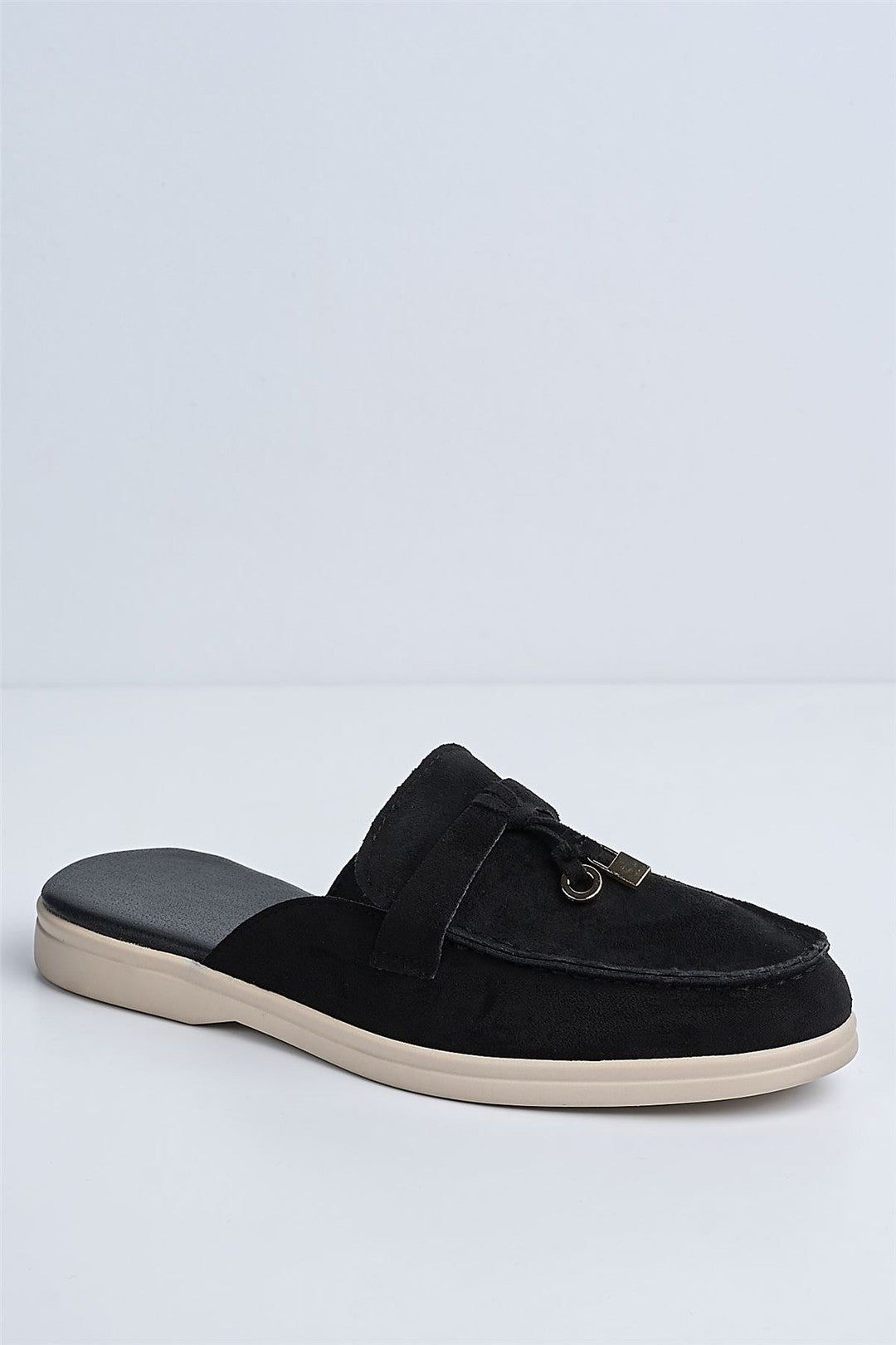 Adaloria Padlock Charm Backless Flat Loafers In Black White Sole PANTHER2-BLKWHTS