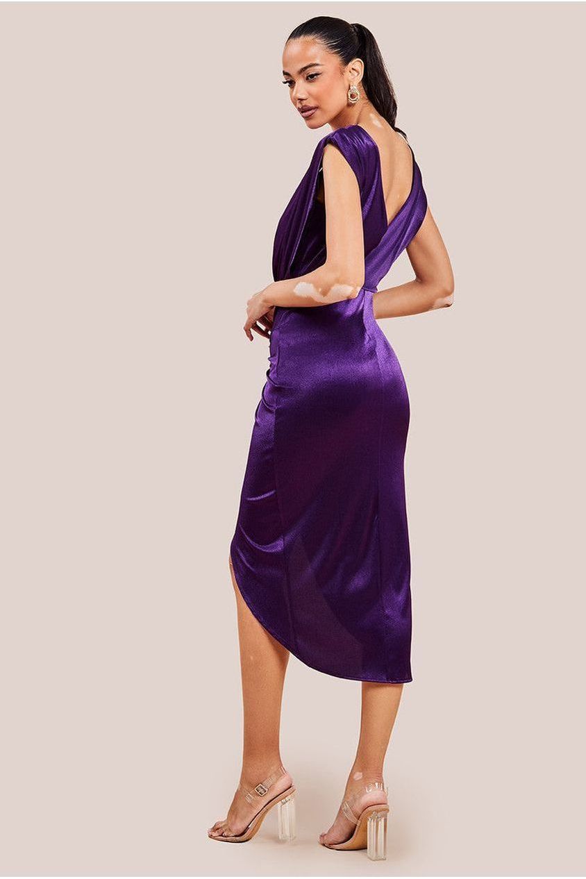Satin Wrap Knotted Midi Dress - Purple DR3637