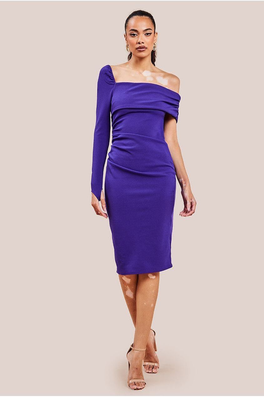 One Shoulder Scuba Midi Dress - Purple | Goddiva One Shoulder Scuba Midi Dress - Purple | Goddiva
