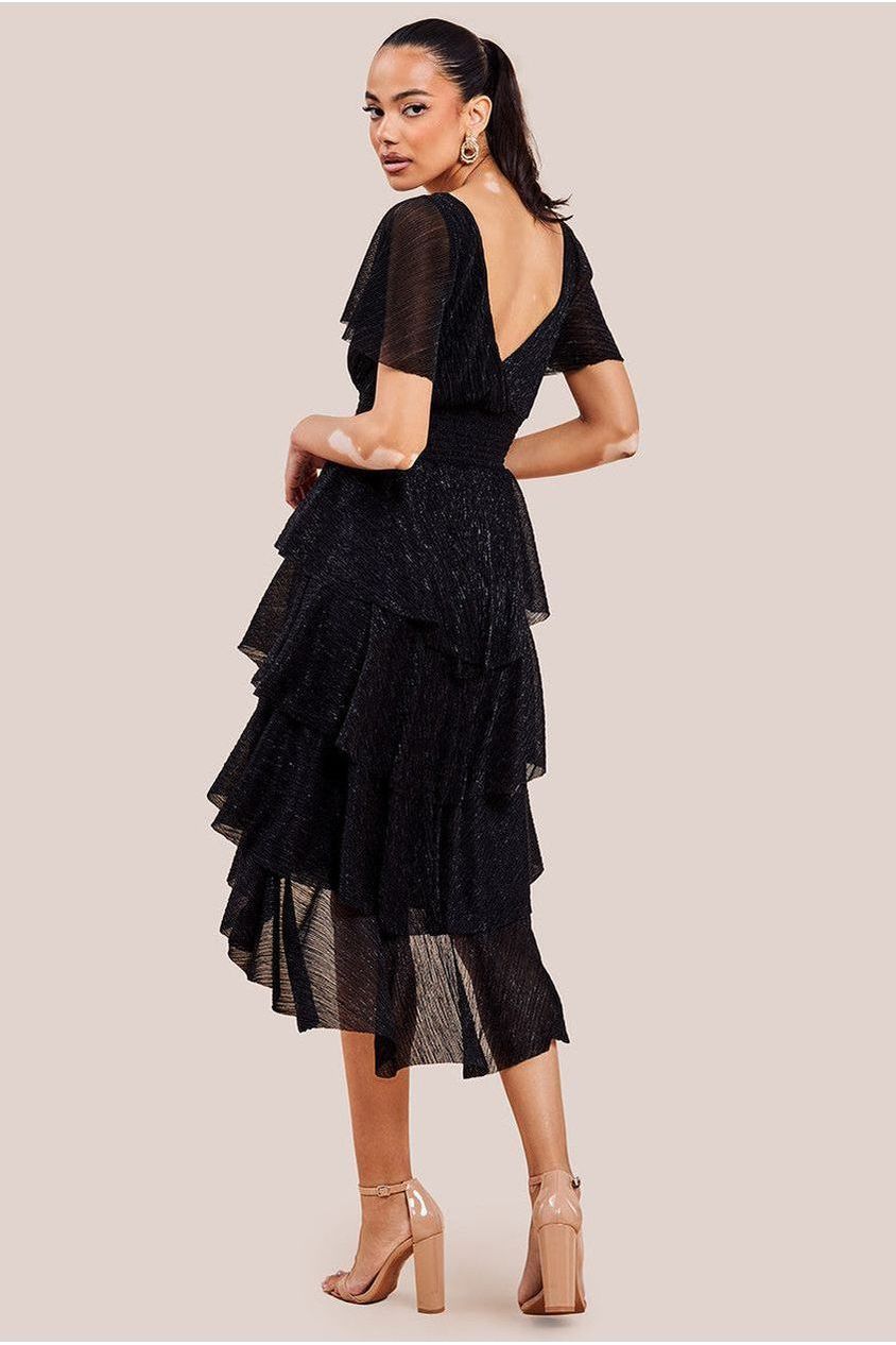 Crinkle Lurex High Low Layered Midi Dress - Black DR3655